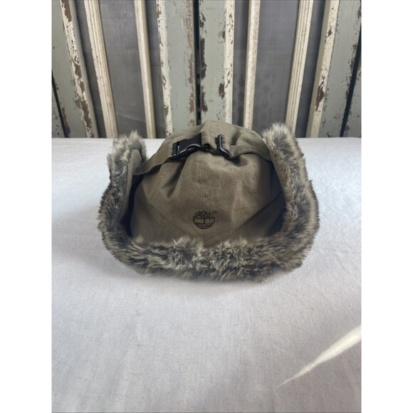 Timberland Other - Timberland EUC Canvas Trapper Hat Tan Brown Faux Fur Aviator Winter Bomber Cap